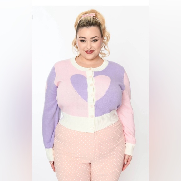 Unique Vintage Sweaters - NWT-Sz 2X/3X-Smak Parlour pink & lavender hearts cardigan 💗💜